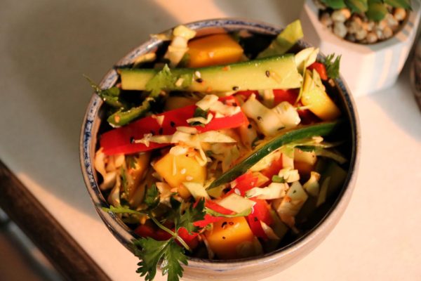 Hot Dogs with Cucumber-Mango Slaw and Homemade Srirachup